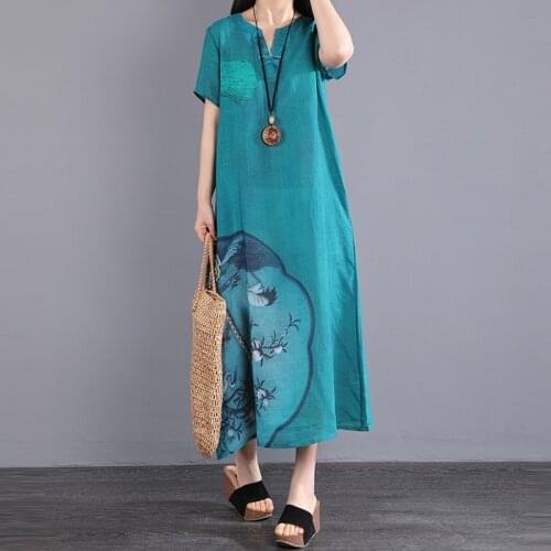 Plus Size Women Summer Cotton Linen Long Dress New Arrival 2021 Vintage Style V-neck Print Loose Female Casual Dresses B061