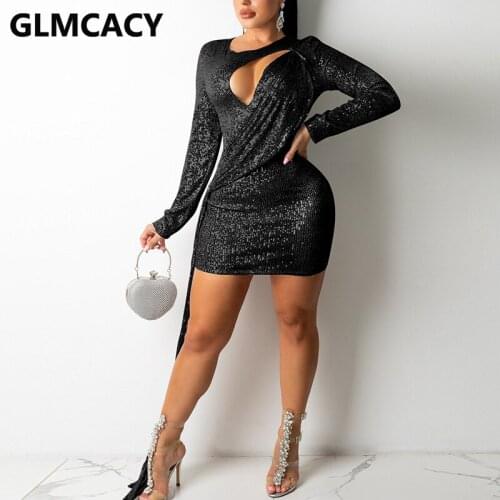 Women Long Sleeve Sequined Bodycon Party Club Mini Dress