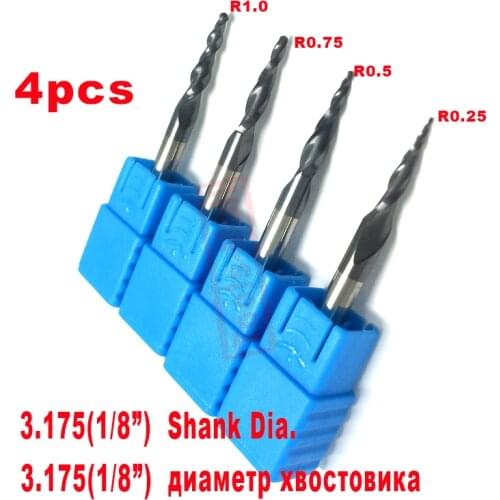 4PCS Assorted R0.25&0.5&0.75&1.0mm with 1/8" shank Tungsten solid carbide Tapered Ball Nose End Mills and cone cutter HRC55