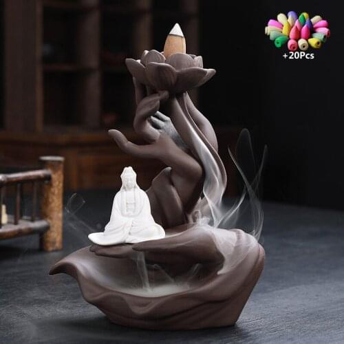 Bergamot Gently Ceramic Handcraft Buddha Hand Backflow Incense Burner Buddha Home office Decorate Lotus Incense Stick Holder