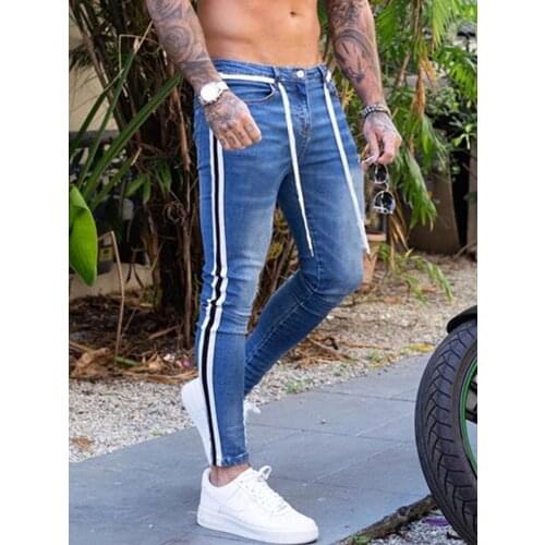 Hot Skinny Jeans Biker Destroyed Frayed Mens Slim Denim Pants Side Stripe Pencil Pants Hip Men Hop Street Clothes