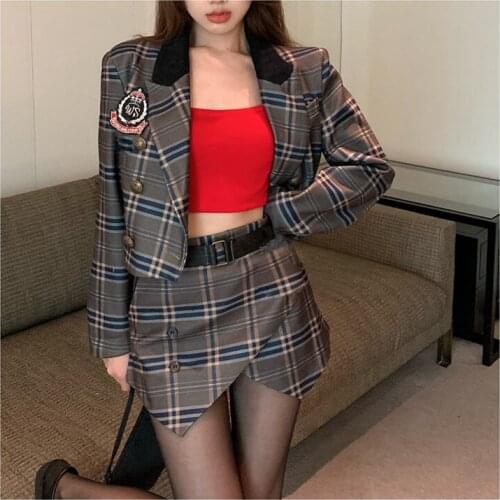 VSUE Elegant OL Two Piece Set Spliced Patch Designs Plaid Single Breasted Blazer Irregular Sheath Short Skirt Preppy Style T3054