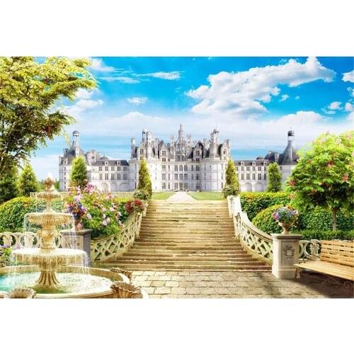 Fairy Tale World Photography Background White Palace Blue Sky Green Trees And Colourful Flowers With Gloden Fountain Backdrop