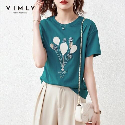 VIMLY Summer Tshirt Women Casual Round Neck Printed T-shirts Harajuku Loose Tees Fashion Green Cotton Tops Female Clothes F7302