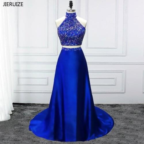 JIERUIZE Royal Blue 2 Piece Prom Dresses High Neck A-line Crystals Luxury Party Dresses Long vestidos de baile