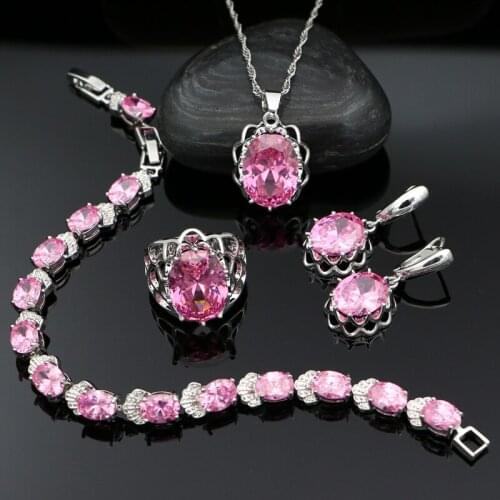 925 Silver Women Wedding Jewelry Sets Pink Cubic Zirconia Drop Earrings Pendant Ring Bracelet Necklace Sets Bridal Jewelry