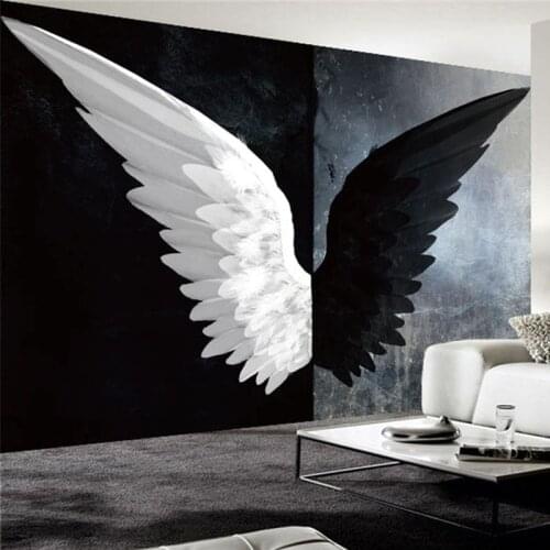 Custom Any Size Mural Wallpaper 3D Stereo Creative Black And White Angel Wings Wall Papers Papel De Parede Living Room Wallpaper
