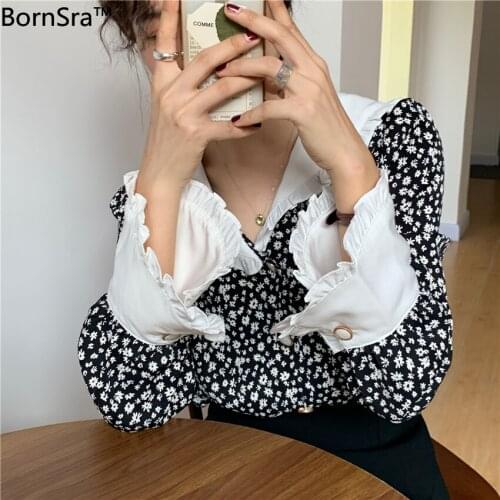 BornSra Vintage Floral Ruffle Lapel Long Sleeve Loose Printed Shirt Top