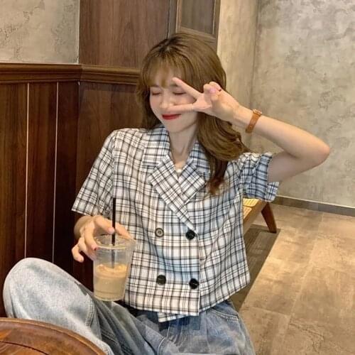 QWEEK Women Plaid Shirt Crop Top Button Up Summer Korean Style Fashion Ladies Blouse Plus Size Vintage Elegant Tops for Girls