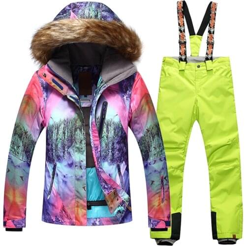 GSOU SNOW Women Snow Winter Ski Jacket Waterproof Windproof Warm Skiing Jackets Ski Suit Outdoor Sport Hooded Coat and Pants
