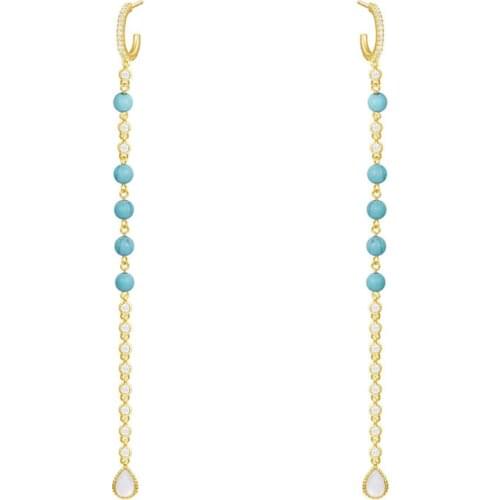 SLJEL Women 925 Sterling Silver Yellow Gold Color Stones Beads Long Leaves Earrings Micro Pave Zirconia Stones Luxury Jewelry