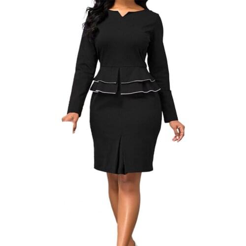 2Pcs/Set Women Skirt Suit Ruffle Slim Solid Color Blouse Pencil Skirt Business Suit for Office