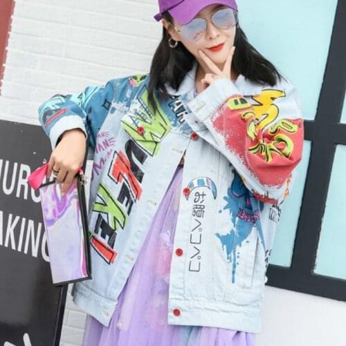 Women Personality Print Denim Coat Women Spring And Summer Coat Women Single Breasted Closure Coat Z706
