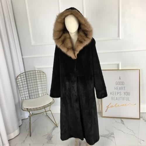 Real Mink Fur Women classic long Coat with sable Hood Female Mink fur Coat Autumn Winter Long Popular Real Mink Fur Jacket 120