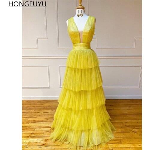 HONGFUYU Sleeveless Pom Celebrity Dresses Yellow Deep V-neck Sequins Tiered Tulle vestidos de fiesta Formal Evening Gowns