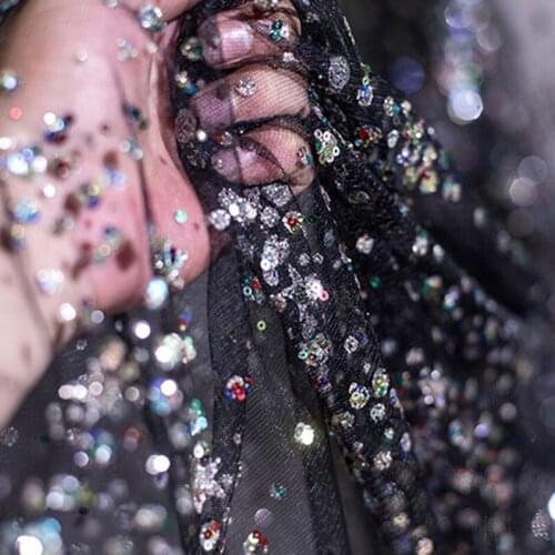 1 Meter Stars Sequins Embroidery Lace Fabric Stars Tulle Mesh Transparent Fabric Wedding Dress Garment Sewing Fabric