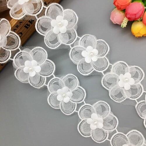 1 Yard Vintage Plum Blossom Flower Pearl Lace Trim Applique Trimmings Ribbon Tulle Embroidered Wedding Dress Veil Sewing Craft