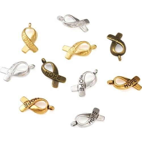 100pcs/box Breast Cancer Awareness Ribbon Charms Pendant Carved Word Hope Tibetan Style Alloy Message Pendants Mixed Color