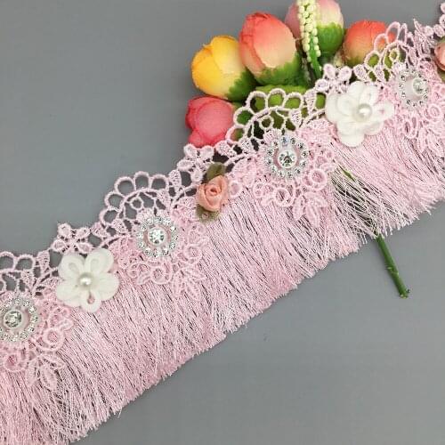 20pcs Diamond Pink Fringe Tassel Lace Trim 3D Flower Rhinestone Embroidered Ribbon Fabric Patch Sewing Craft Dress Accessories