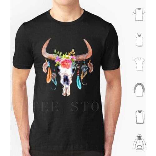 Bohemian Watercolour Bulls Skull T Shirt Men Cotton 6xl Desert Skull Watercolour Bull Flower Feather Boho Bohemian