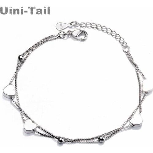 Uini-Tail Hot Sale New 925 Sterling Silver Small Fresh Double Heart Bracelet Sweet Sweet Heart Ball Bead Jewelry Wild Fashion