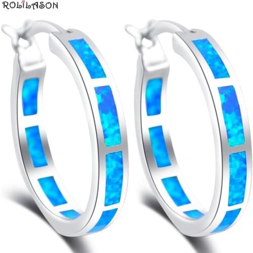 Brincos Wholesale Super supplier new Blue Fire Opal Silver Stamped Dinner Hoop Earrings Fashion Jewelry Opal Jewelry OE428