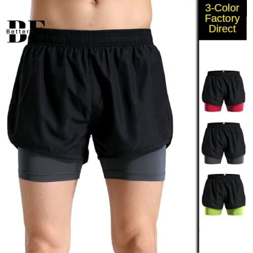 2021 Double-decker Sports Straight Tube Breathable Shorts Mens Tight Stretch Quick Dry Shorts Fitness Marathon Running Shorts
