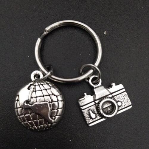 Camera and Globe Charm Travel Lover Keychain Stainless Steel Metal Keyring DIY Jewelry Accessories Wholesale Bulk rice