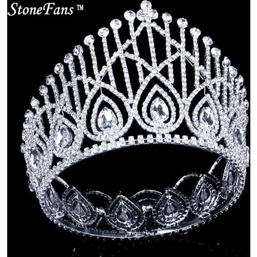 StoneFans Round Crowns Vintage Rhinestone Crystal King Queen Miss usa Bride Crown with Crystales Women