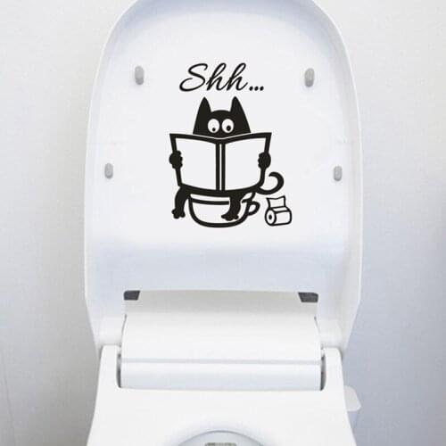 Cute Cat Reading Book Pattern Toilet Wall Stickers Unique Accessories Removable Decal Creative Washing Room Decorations