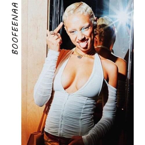 BOOFEENAA Fashion Sexy T Shirts Crop Top Halter Off The Shoulder Zip Up Sheer Mesh Long Sleeve Shirt Women Streetwear C71-AZ07