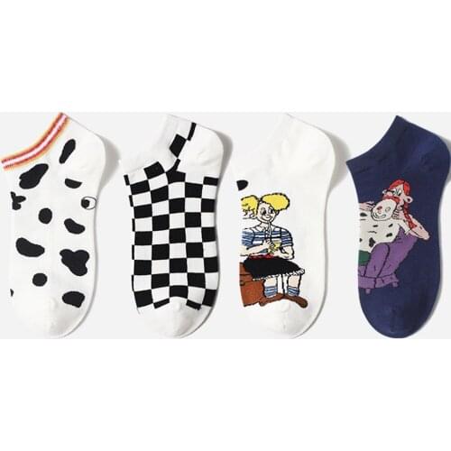 Men Women Cotton Socks Casual Short Breathable Invisible Boat Socks Black White Plaid Cartoon Sock B88