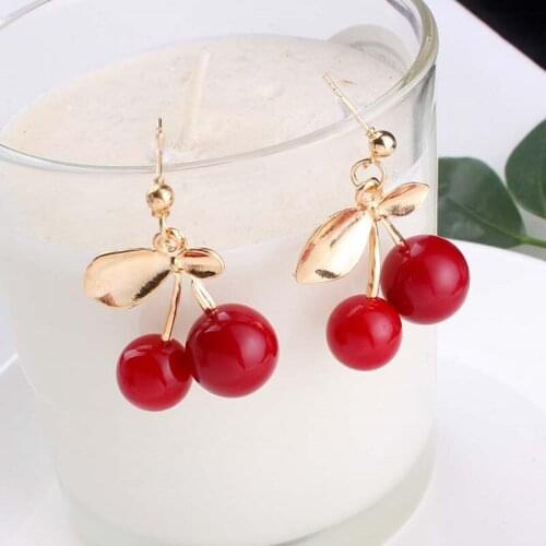 2021 New Fashion Cute Lovely Red Cherry Earrings Leaf Bead Sweet Fruit Stud Earrings For Woman Girl Students Jewelry Party Gifts