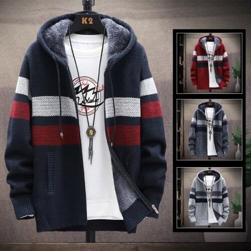 Autumn/winter hooded pullover cardigan faux fur wool sweater warm casual plus size knit fashionable stripe long sleeve jacket