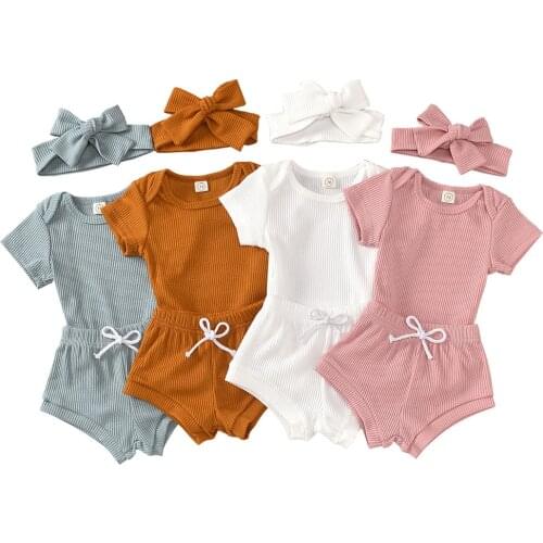 0-2T Summer Cotton Girls 3pcs Sets Solid Shorts+Pants+Ribbon 4 Colors Baby Clothes Sets Kids Clothings Babies Outfits
