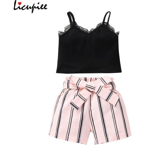 1-3 Years Striped Clothing Sets Baby Girls Clothes Set, Solid Color Sleeveless V-neck Cropped Tops with Lace+ Striped Short Pant