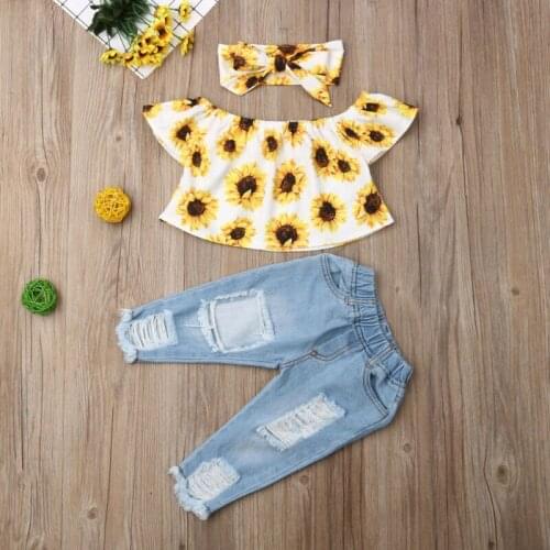 6M-4T Fashion Kids Baby Girl Off Shoulder Tops Sunflower Shirt Ripped Denim Jeans 3Pcs Outfits Set Summer Clothing