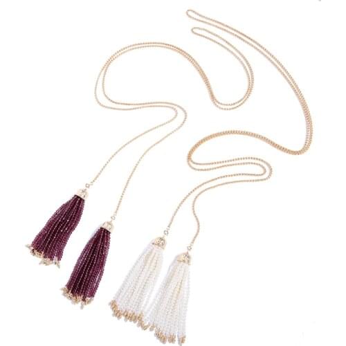 Bulk Price 2 colors Red&White Tassel Clear Long Strips Shape Pendant Necklace Statement Vintage Sweater Collar Necklace Jewelry