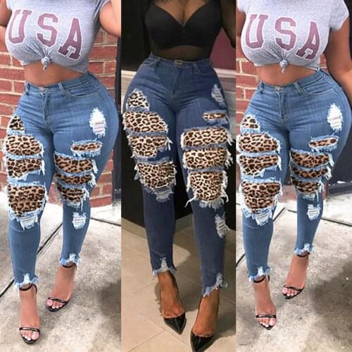 S-XXXL New Four seasons ladies high waist ripped leopard print slim jeans trousers pencil pants Leggings fashion womens jeans F4