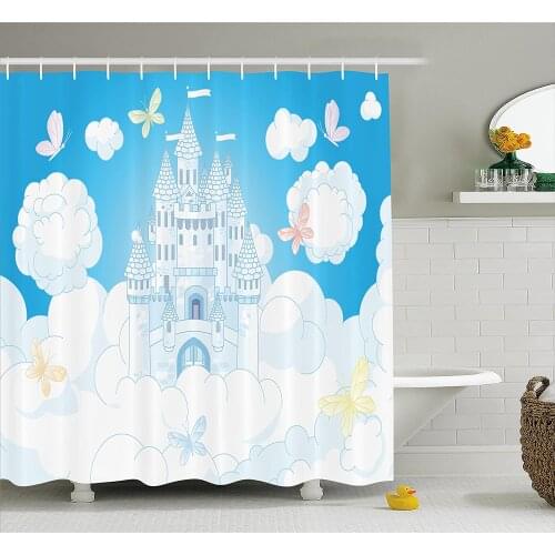 Fairy Shower Curtain Illustration of a Fairy Tale Castle Clouds in The Sky and Butterflies Print Bathroom Waterproof Curtains