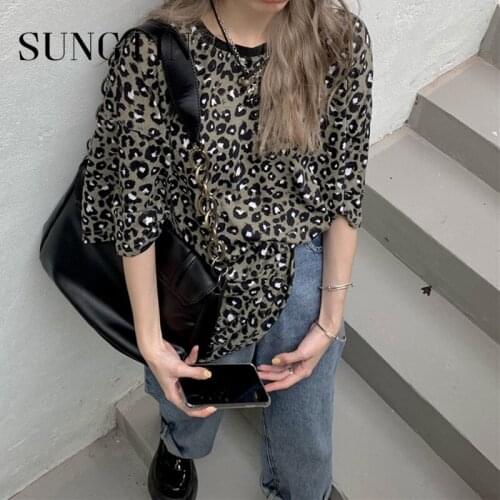 Sungtin Leopard O Neck Loose Short Women Summer Oversized Regular Short Sleeve Basis Casual Streetwear Tops Korean New Fashion