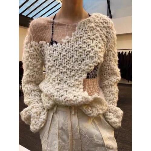 2020FW Autumn Fashion Women Mesh Patchwork Loose Wool Sweater Ladies Oversize Jumpers 2 Color Gdnz 9.22