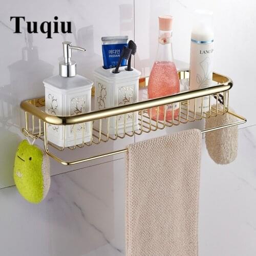 Tuqiu Gold bathroom Shelf With Towel Hanger 30cm/45cm bathroom shelves Brass bathroom shampoo holder basket bathroom holder
