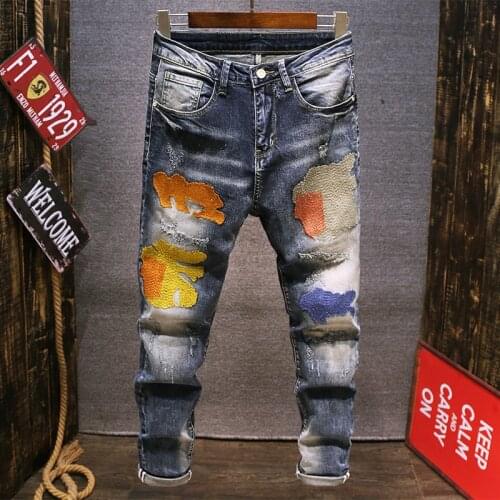 Fashion Streetwear Men Jeans Retro Blue Patches Designer Slim Fit Ripped Jeans For Men Elastic Slim Fit Punk Style Hip Hop Pants