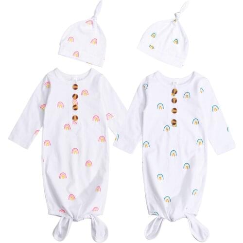 Breathable Infant Sleeping Bag Set, Summer Autumn Baby Girls Boys Rainbow Printing Long Sleeve Sleeping Sack + Round Hat