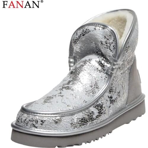 FANAN Winter Warm Wool Snow Boots for Women Silvery Real Leather Waterproof Ankle Boots Shoes Woman 2020 Non-slip Flat Keep Warm