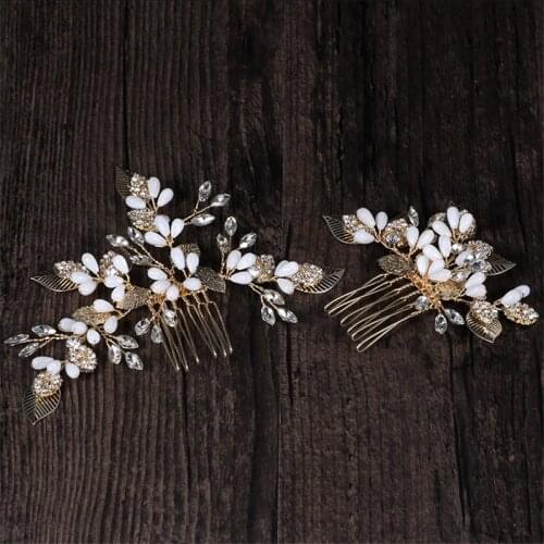 Golden leaf rhinestone hair comb, white drop-shaped rhinestone hair comb, crystal rhinestone hair comb for women