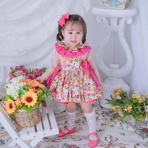 2PCS Summer Vintage Princess Spanish Lolita Turkey Pink Print Flowers Ball Gown Bow Sleeveless Dress For Baby Girls Dress 0-6Y