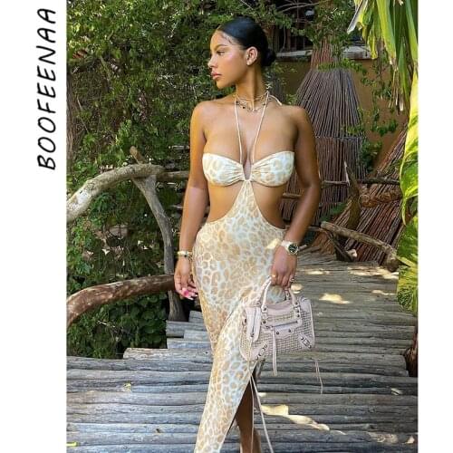 BOOFEENAA Yellow Leopard Print Sexy Maxi Dresses Beach Resort Wear Women 2021 Hollow Halter Backless Split Long Dress C95-BG20