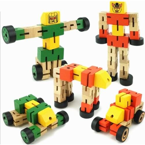 Kids Wooden Transformation Robot Manual Folding Building Block Toy For Children Autobot Figure Model Educational Puzzle Toy Gift